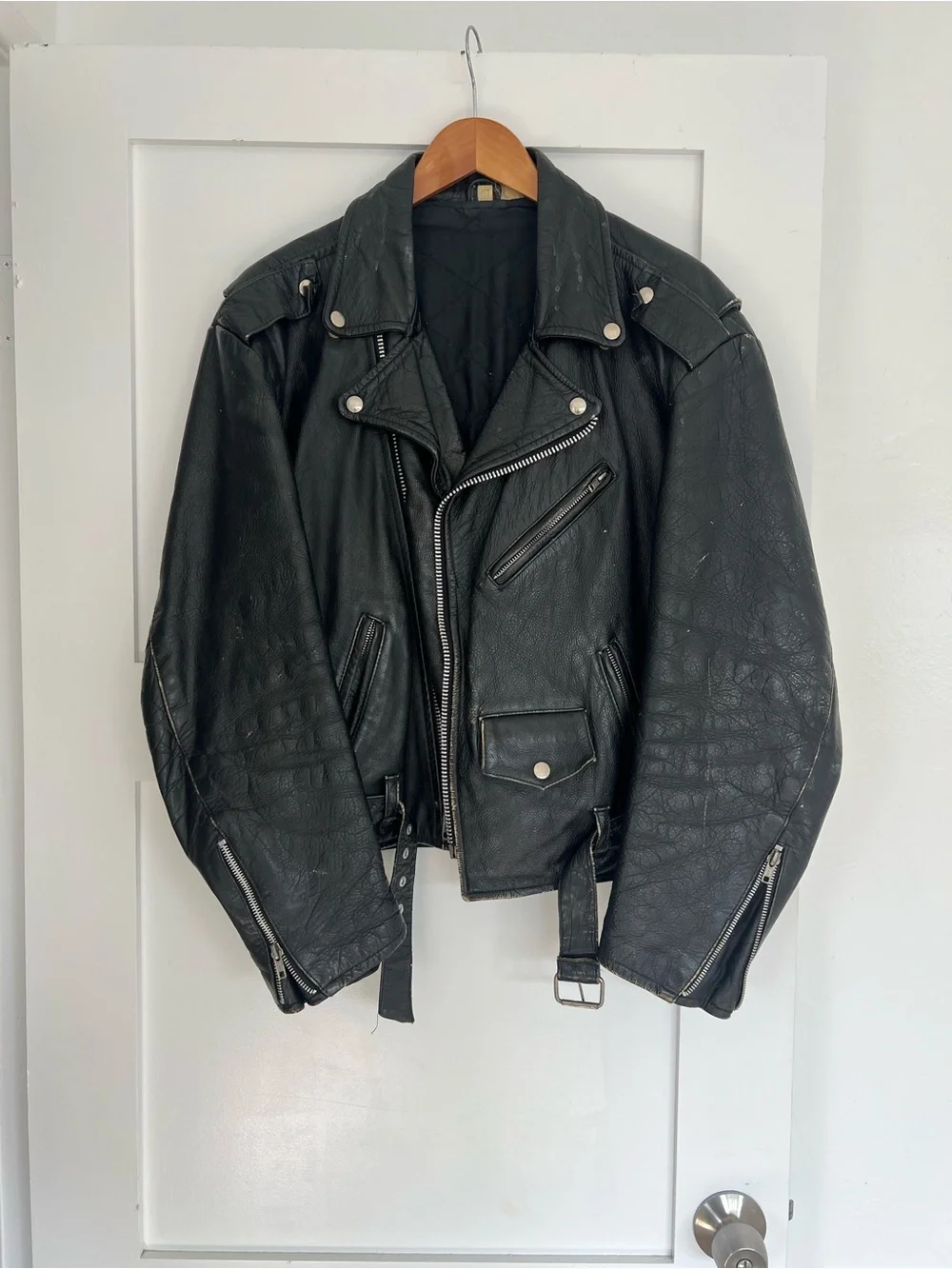 Classic Vintage Black Leather Biker Jacket - unisex oversized